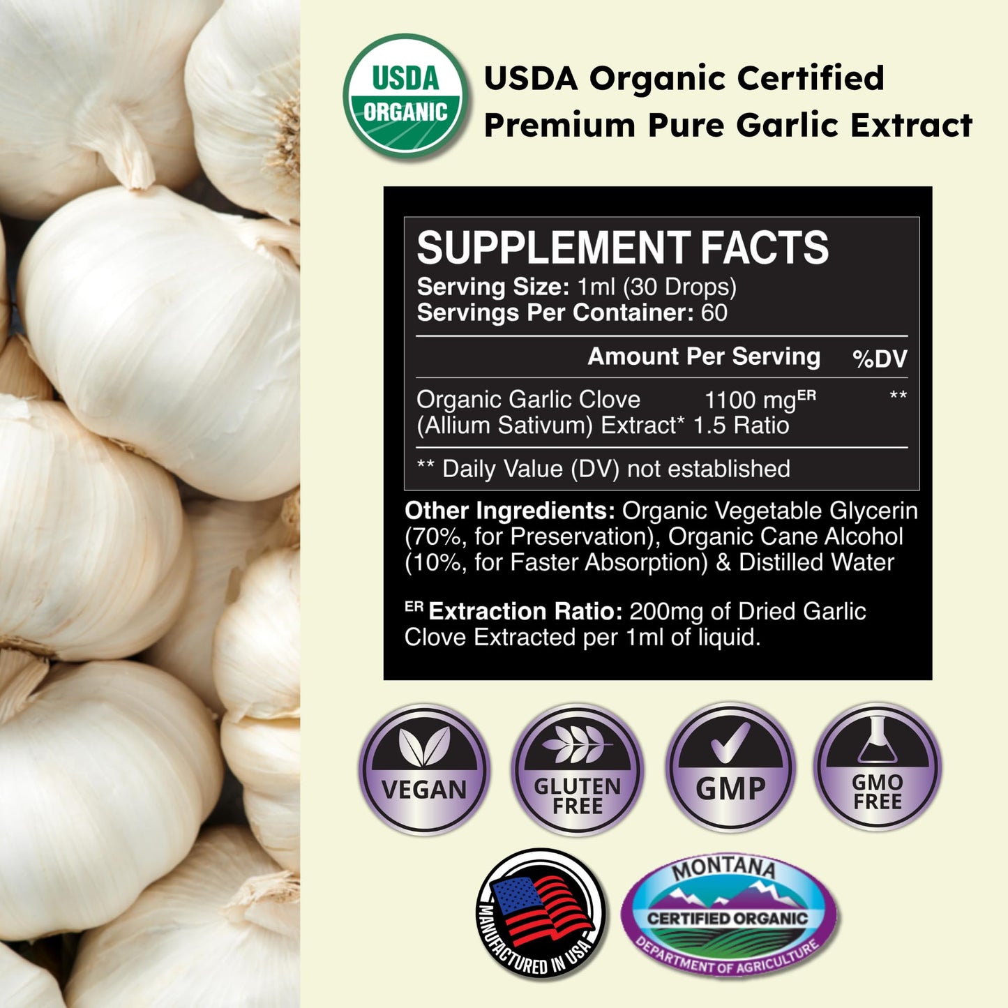 Zenmen Organic Garlic Cloves Extract (Odorless Tincture) – Immune Support, Antioxidants, 2.32 oz / 60 ml – Vegan – Made in USA