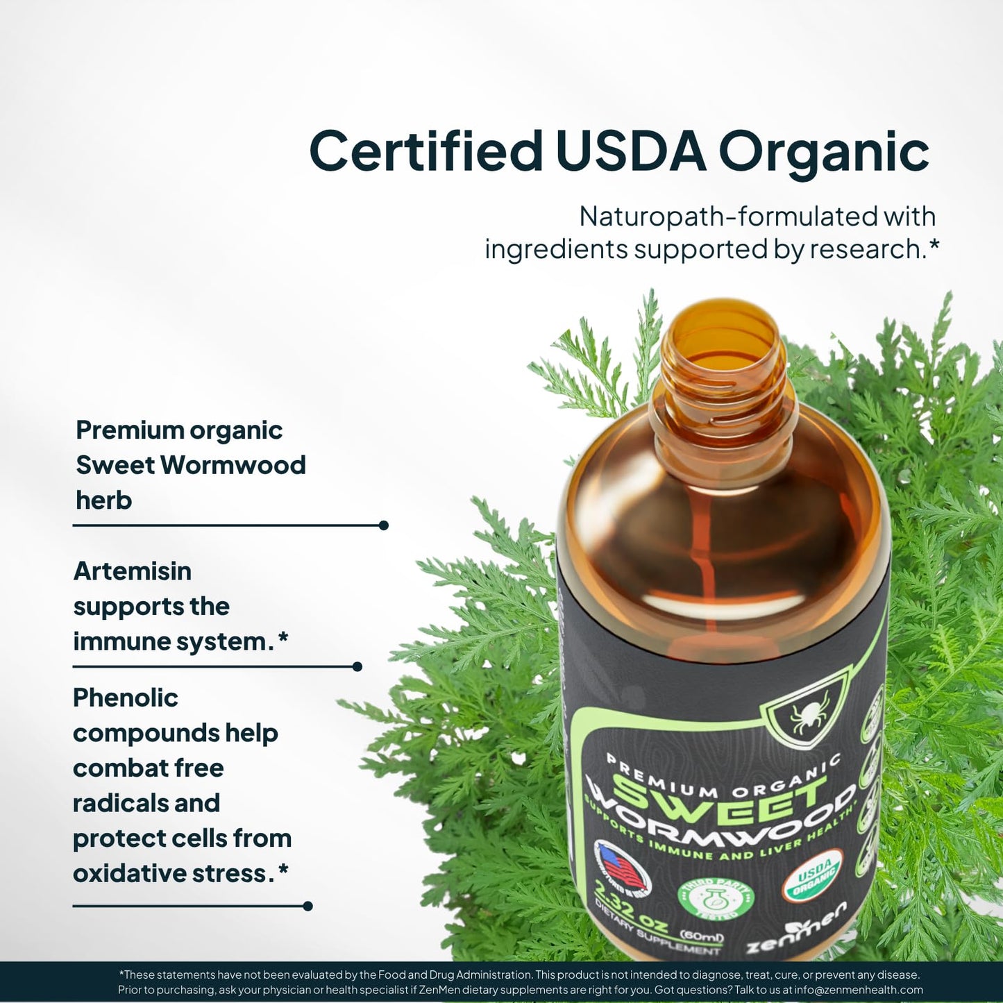 Zenmen Organic Sweet Wormwood Extract (Artemisia Annua) — Immune Support & Antioxidants | 2.32 oz / 60 ml, Vegan, Made in USA