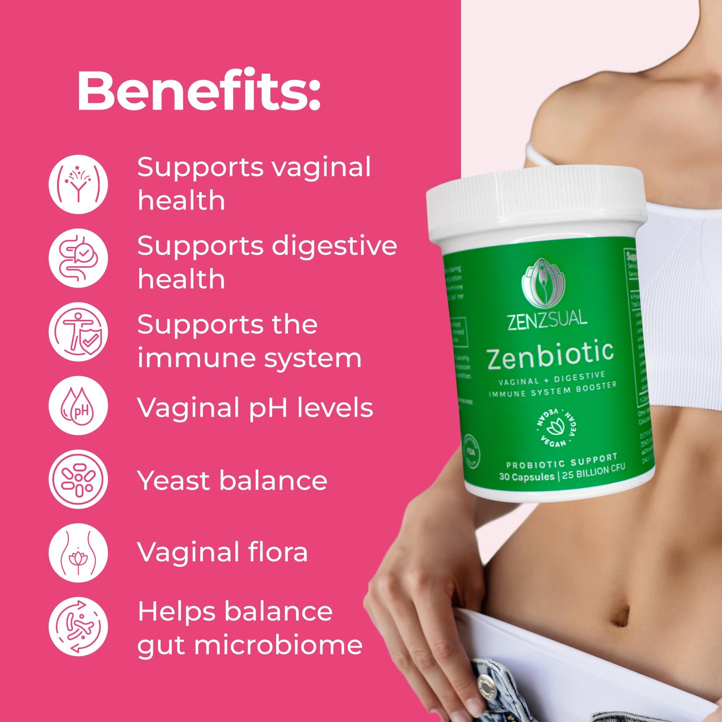 ZENZSUAL Zenbiotic Probiotics for Women – 25B CFU, Vaginal Health & pH Balance | 30 Vegan Capsules