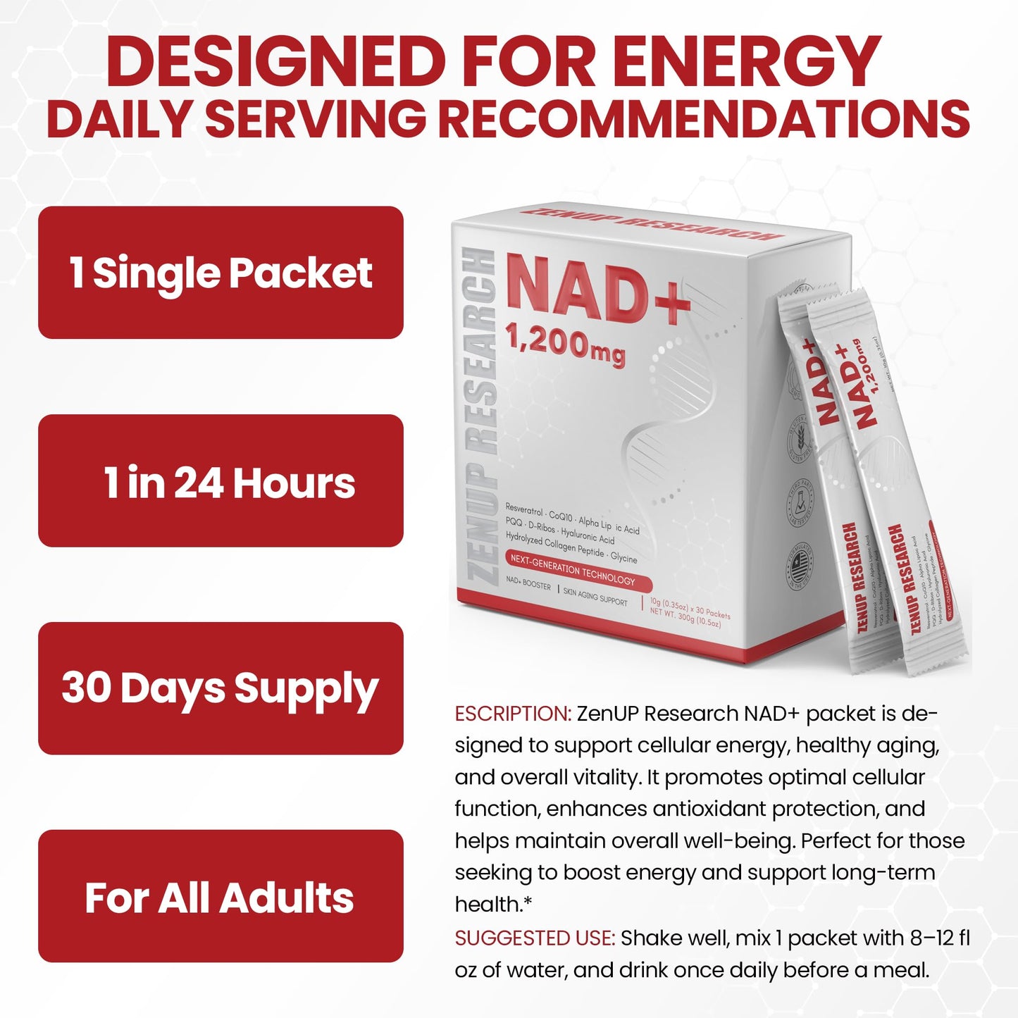 ZenUP NAD+ Extra Strength 1200mg Stick Pack – CoQ10, Resveratrol, D-Ribose & D-PQQ | 30 Packets