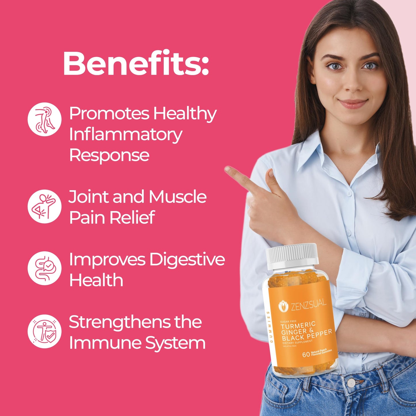 ZENZSUAL Turmeric Ginger Black Pepper Gummies – Sugar Free Immune Support (60 Peach Gummies)