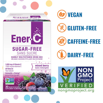 Ener-C Sugar Free Energy Mixed Berry Multivitamin Drink Mix Vitamin C 1000mg & Electrolytes - Natural Immunity Support with Real Fruit Juice Powders Non-GMO Vegan & Gluten Free - 30 Count