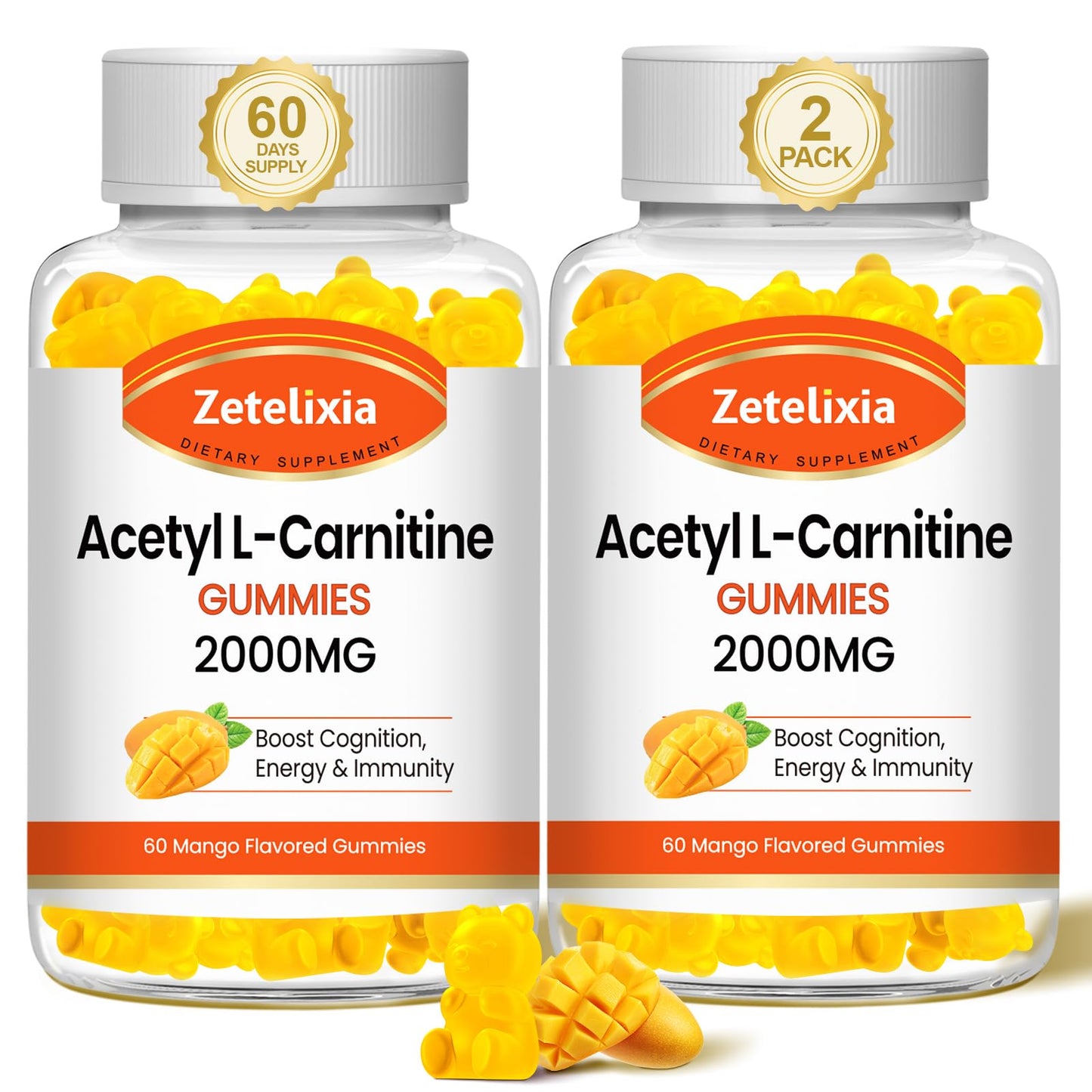 Zetelixia 2-Pack Acetyl L-Carnitine Gummies – Mango Flavor, 120 Count, Vegan