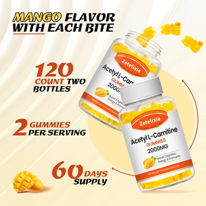 Zetelixia 2-Pack Acetyl L-Carnitine Gummies – Mango Flavor, 120 Count, Vegan