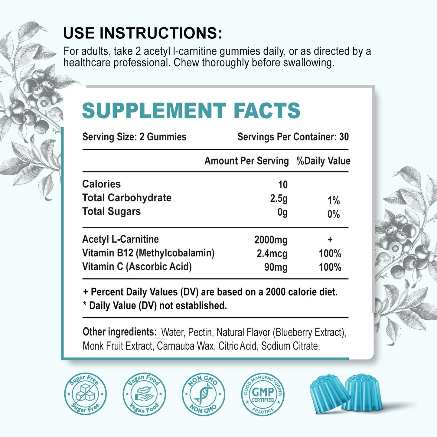 Zetelixia 2 Pack Sugar Free Acetyl L-Carnitine Gummies – Energy, Brain & Heart Health (Vegan, Non-GMO) 120 Count