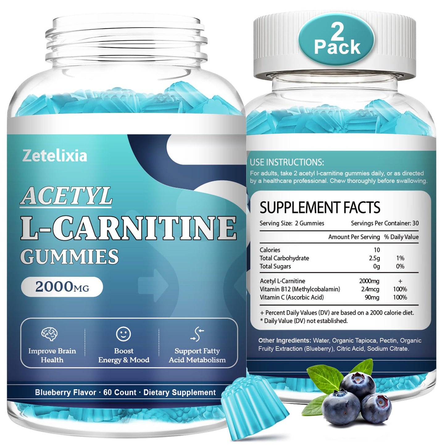 Zetelixia 2 Pack Sugar Free Acetyl L-Carnitine Gummies – Energy, Brain & Heart Health (Vegan, Non-GMO) 120 Count
