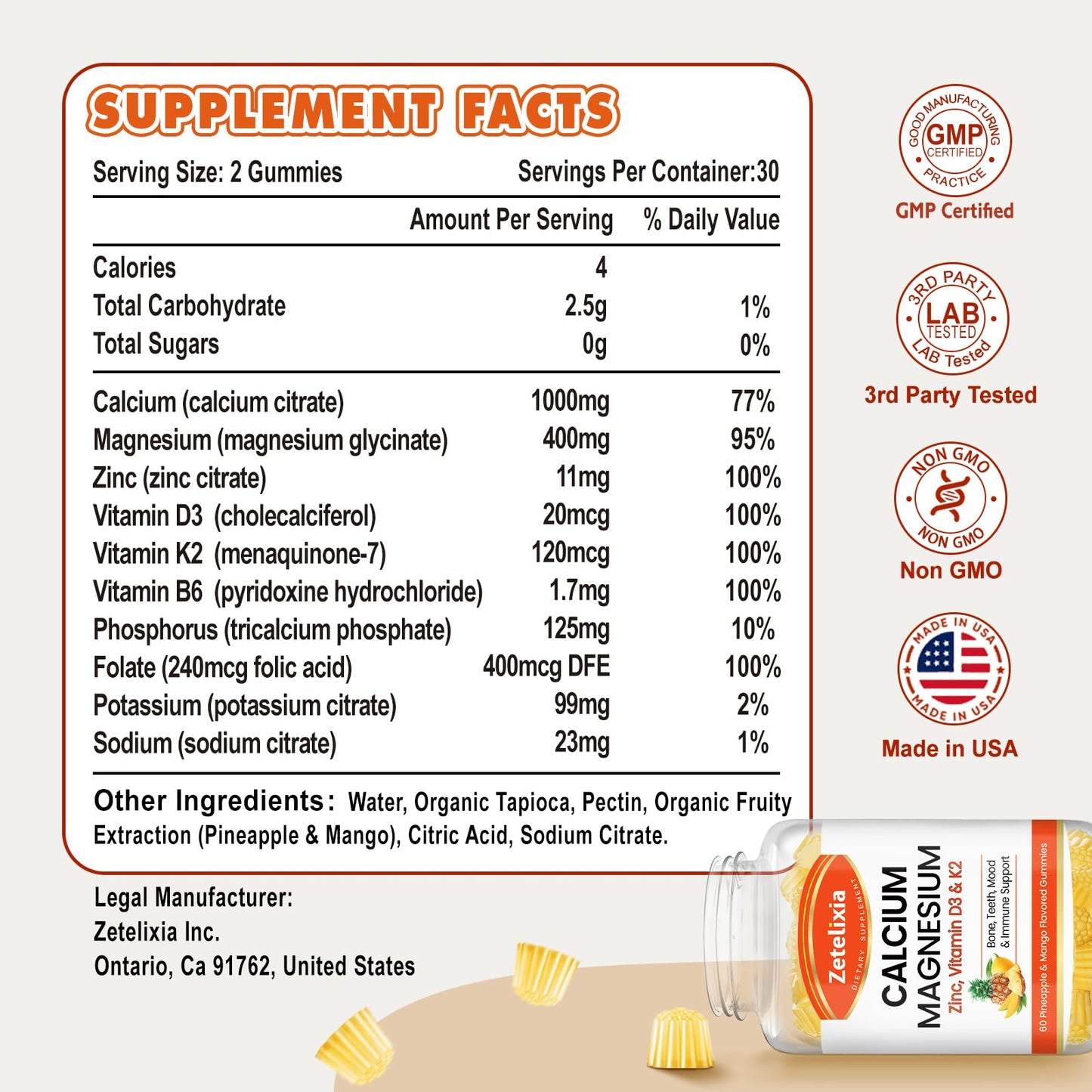 Zetelixia Calcium Gummies for Women & Men - Vitamin D3 & K2, 120 Count