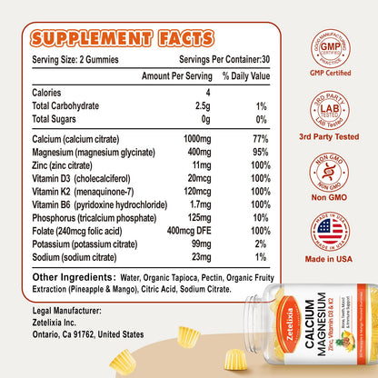 Zetelixia Calcium Gummies for Women & Men - Vitamin D3 & K2, 120 Count