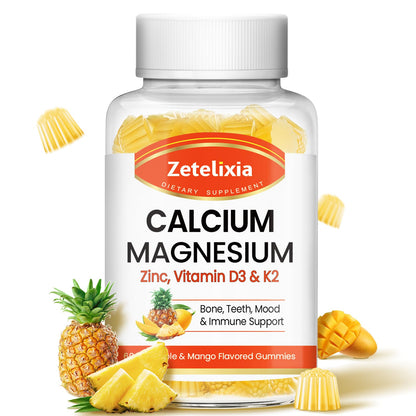Zetelixia Calcium Gummies for Women & Men – Calcium Magnesium Zinc with Vitamin D3 & K2, Pineapple & Mango Flavor, 60 Count