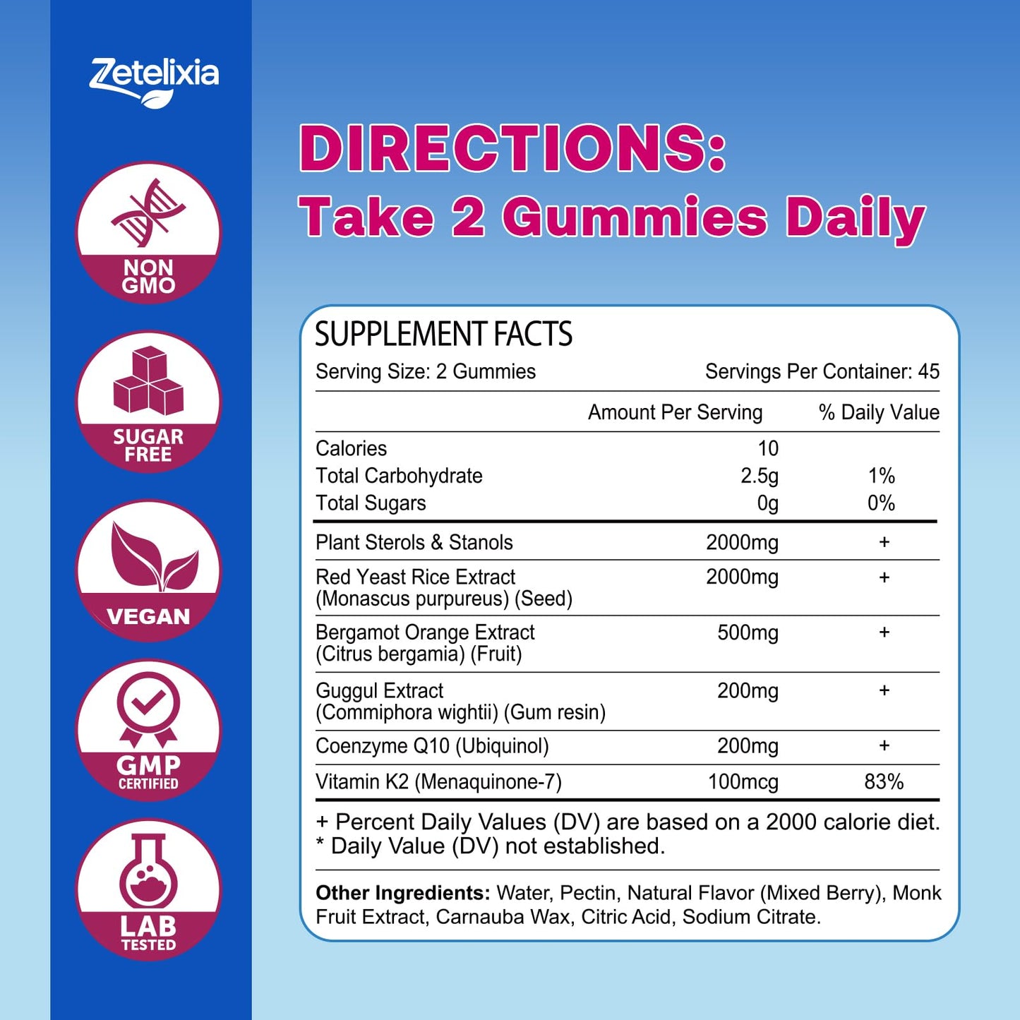 Zetelixia Cholesterol Lowering Gummies – Plant Sterols & Stanols, Red Yeast Rice | Vegan, Non-GMO | Mixed Berry 90Ct