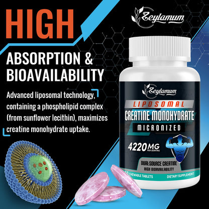 Zeylamum Creatine Chews Tablets for Men & Women | Dual-Source Liposomal Creatine Monohydrate, 60 Servings