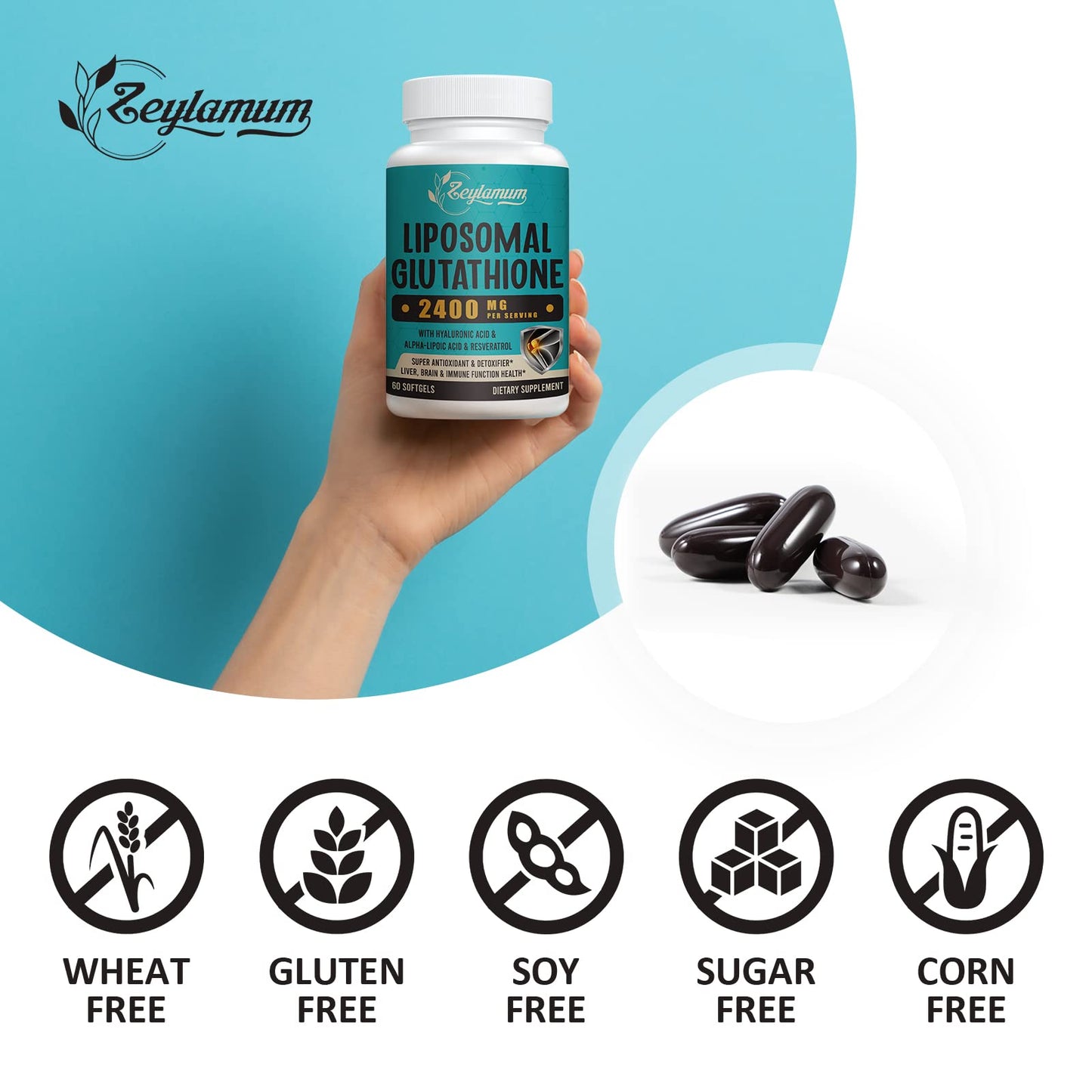 Zeylamum 2400 MG Liposomal Glutathione Softgels – High Absorption, Hyaluronic Acid & Resveratrol, 240 Softgels