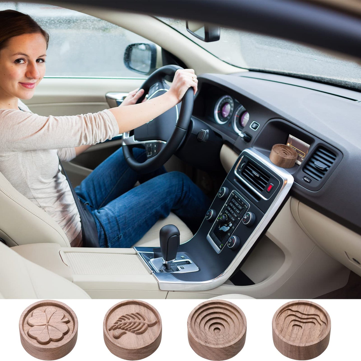 4 Pack Wood Essential Oil Diffusers – Car Aromatherapy, Round Wood Grain (Brown)
