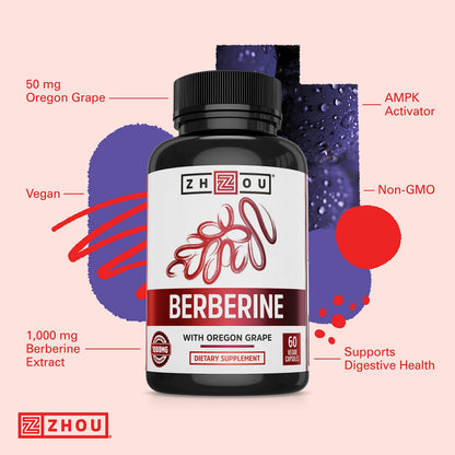 Zhou Berberine with Oregon Grape – Berberine 1000mg per Capsule | Gut Health & Metabolic Support | 60 Vegetarian Capsules