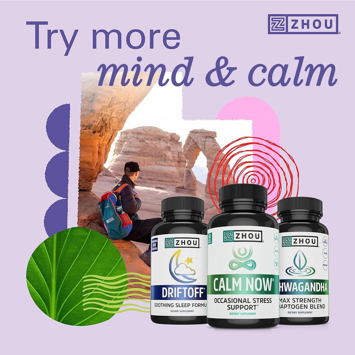 Zhou Calm Now – Calm Supplement for Women & Men | GABA, Ashwagandha & Focus Support | 60 Veggie Capsules