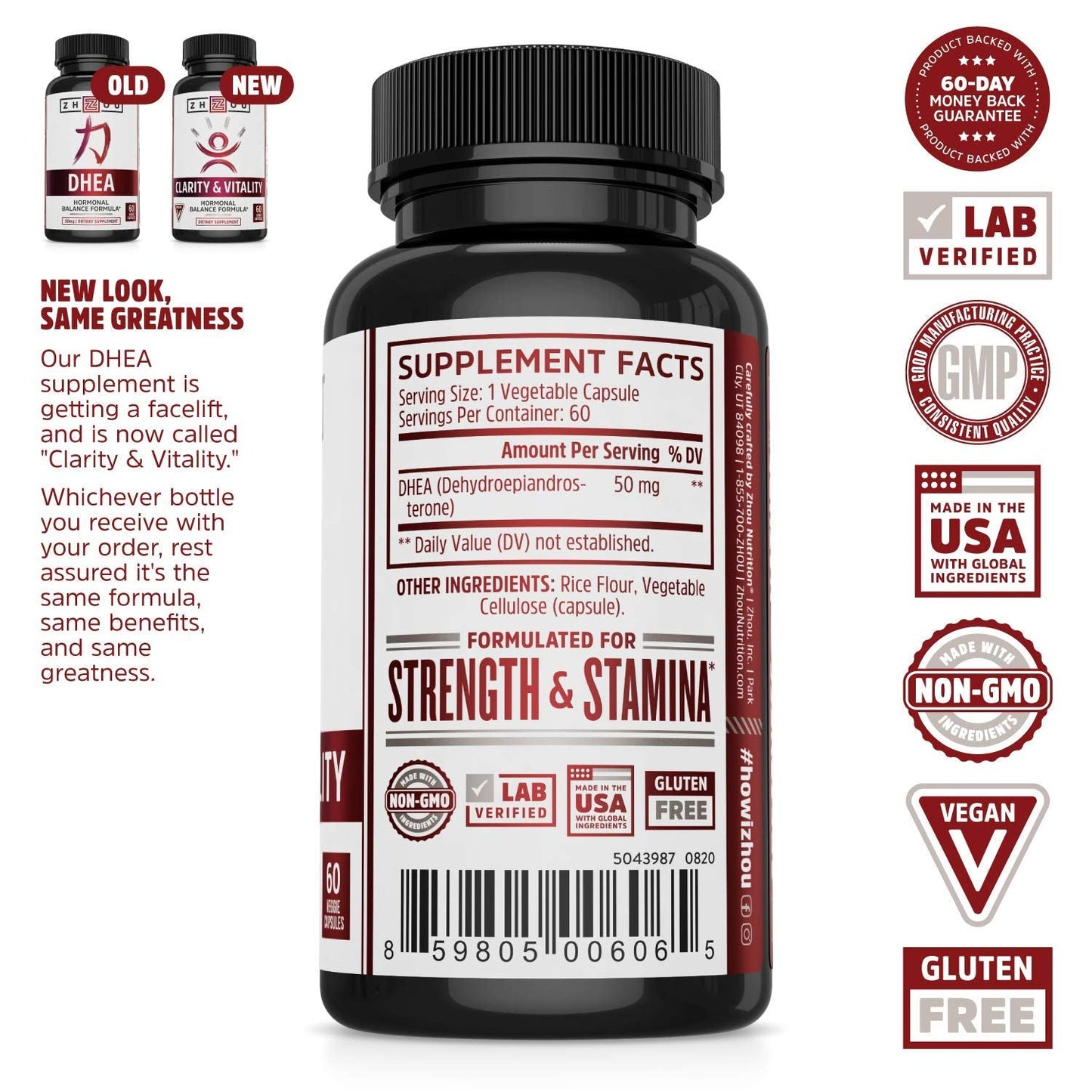 ZHOU Clarity & Vitality DHEA 50mg – Vegan Hormonal Balance, Healthy Aging | 60 Capsules