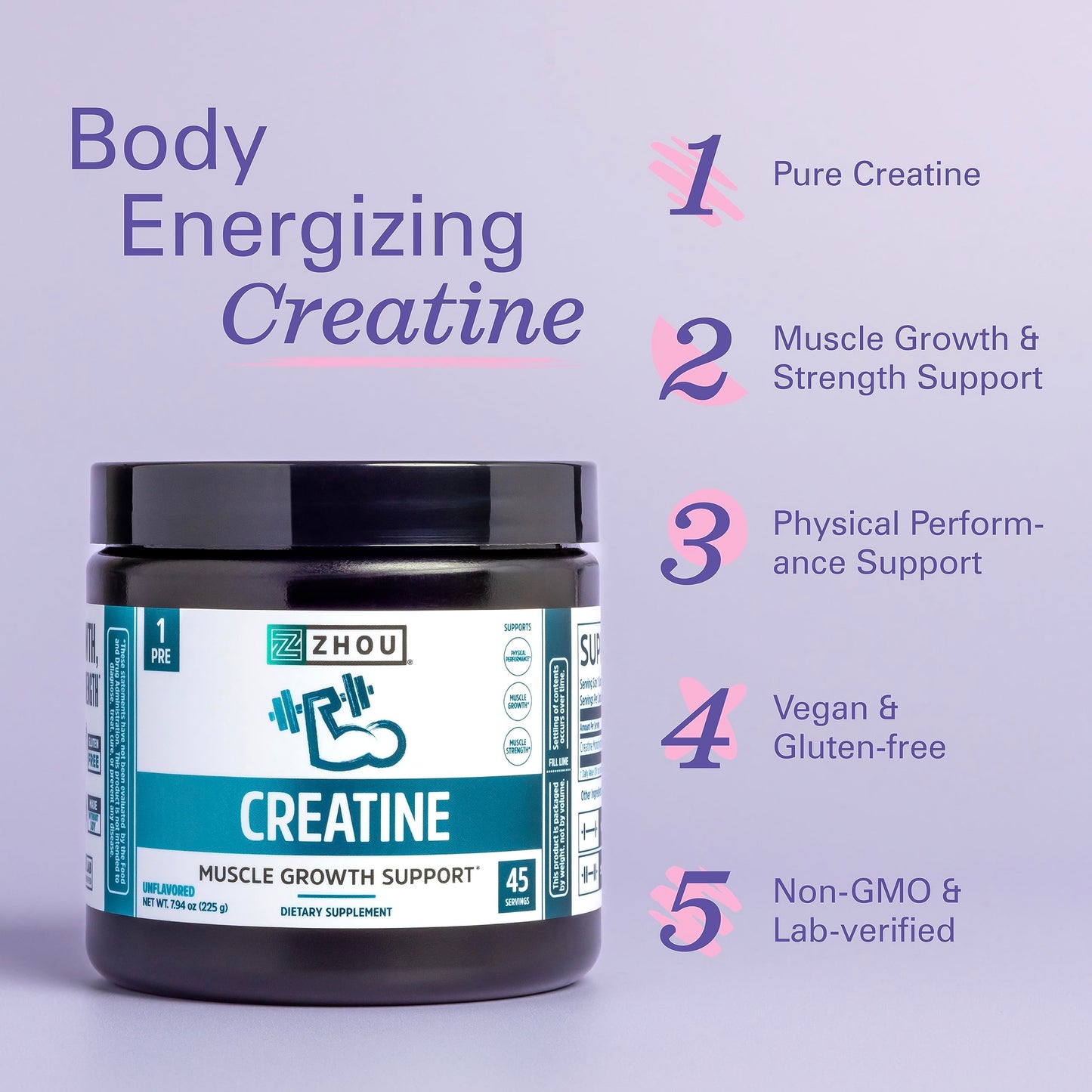 Zhou Creatine Monohydrate Powder – Unflavored, Vegan, 5 g per Serving | 7.94 oz (45 Servings) – For Women & Men