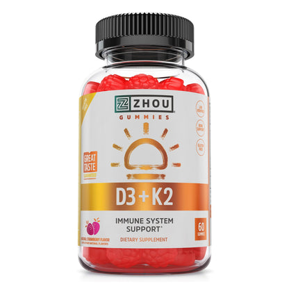 Zhou D3+K2 Gummies – Vitamin D3 & K2 for Immune, Bone & Heart Health | Gelatin-Free, 60 Veggie Gummies (5000 IU D3 + MK-7)