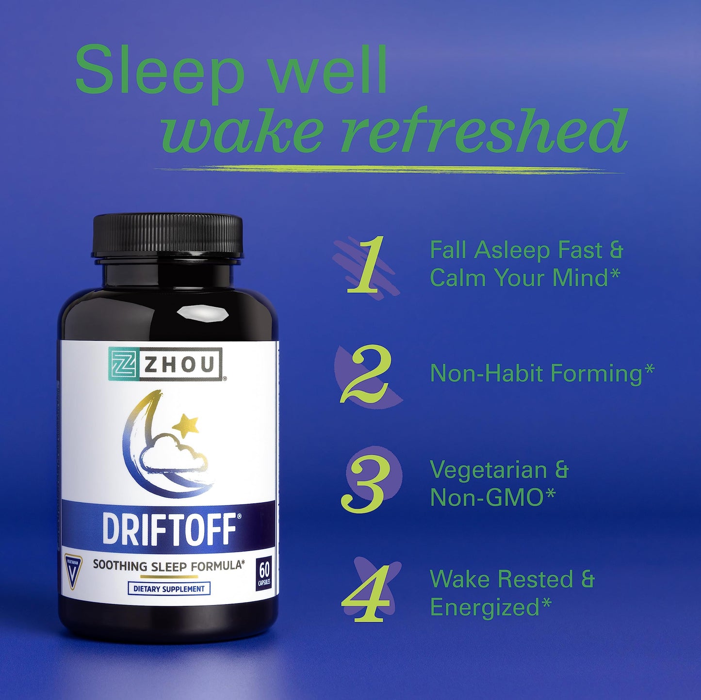 Zhou Driftoff – Nature-Inspired Sleep Aid with Valerian Root, Melatonin & GABA – 60 Veggie Capsules
