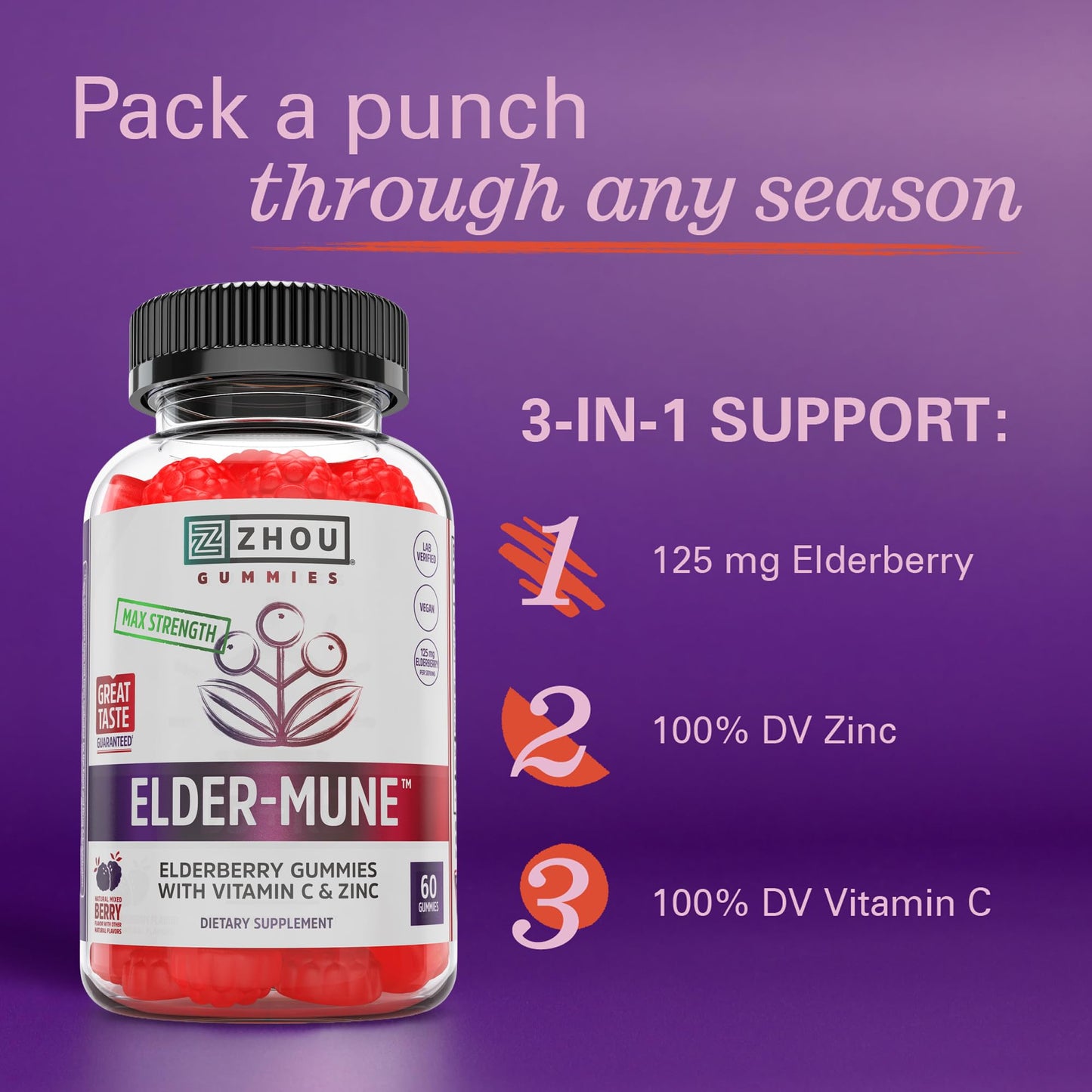 ZHOU Elder-Mune Elderberry Gummies – 125mg Sambucus Nigra, Vitamin C & Zinc | Immune Support for Adults & Kids 4+