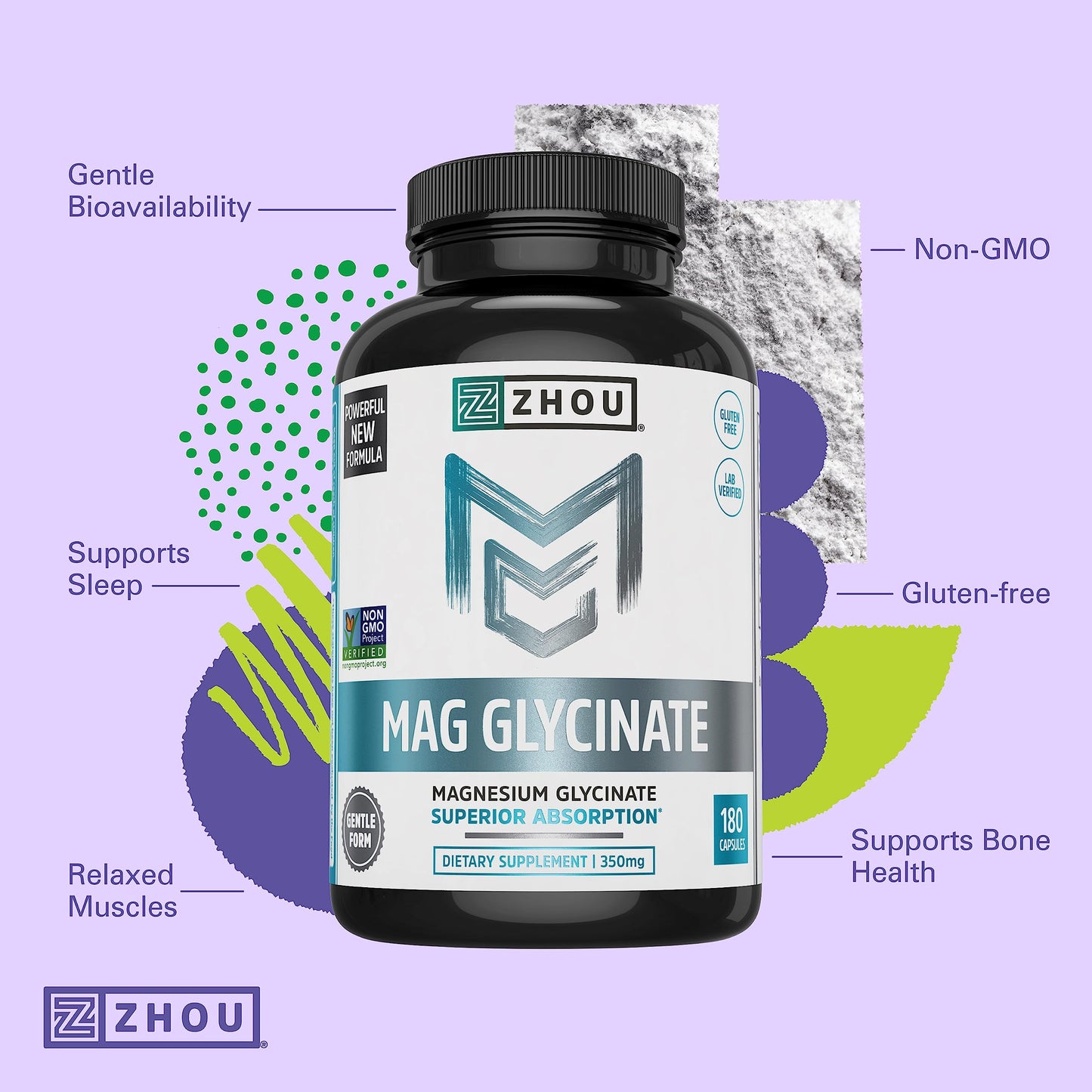Zhou Magnesium Glycinate 350 mg – Time-Release Vegan Magnesium Glycinate, 180 Capsules