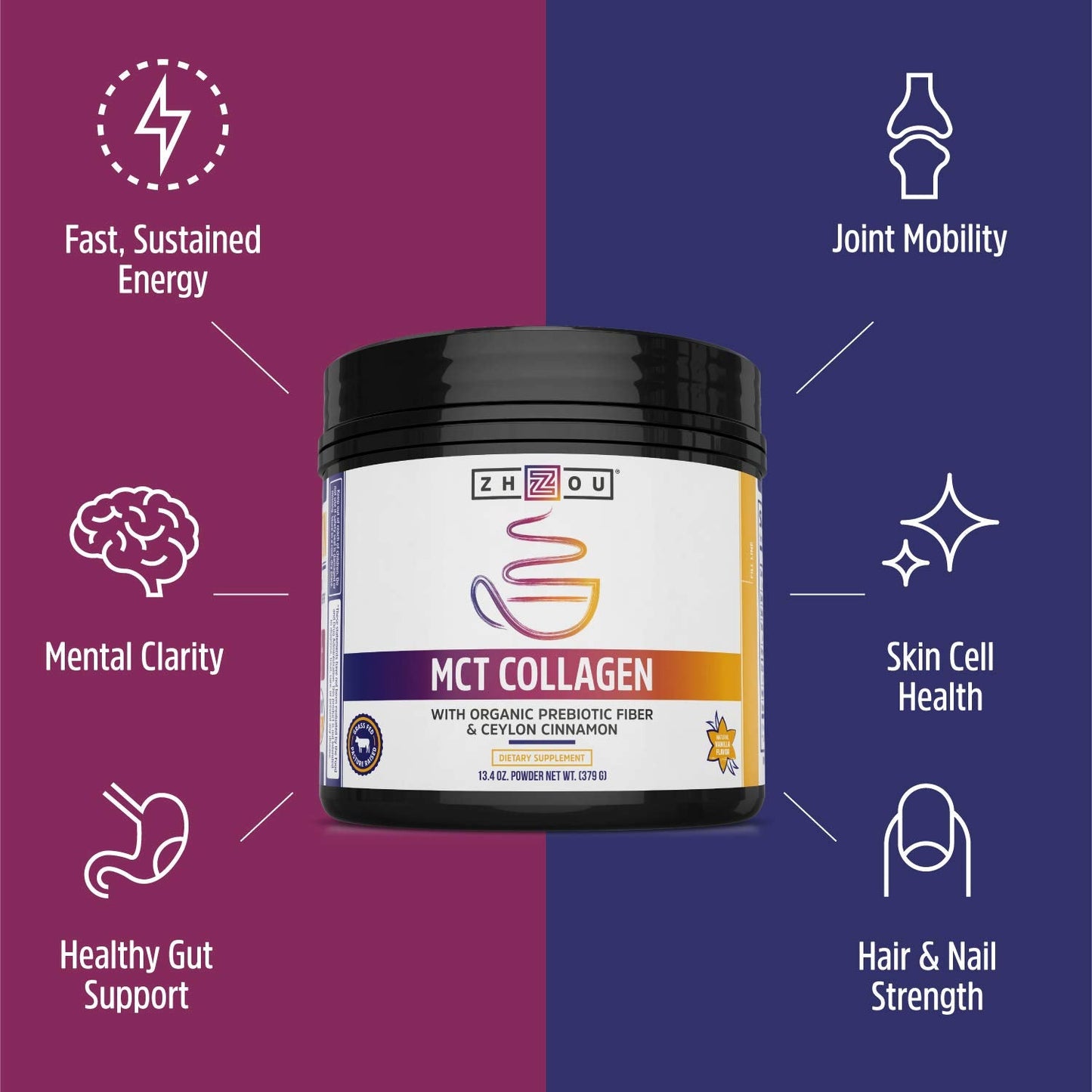 Zhou MCT Collagen Powder – Vanilla, 13.4 oz | Hydrolyzed Collagen + MCT