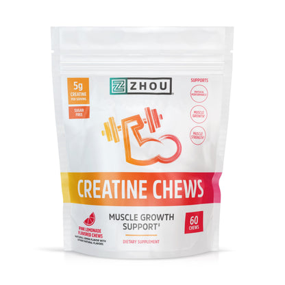 ZHOU Nutrition Creatine Monohydrate Chewables 5g – Pink Lemonade Gummies, 60 Count, Sugar Free