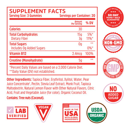 ZHOU Nutrition Creatine Monohydrate Chewables 5g – Pink Lemonade Gummies, 60 Count, Sugar Free