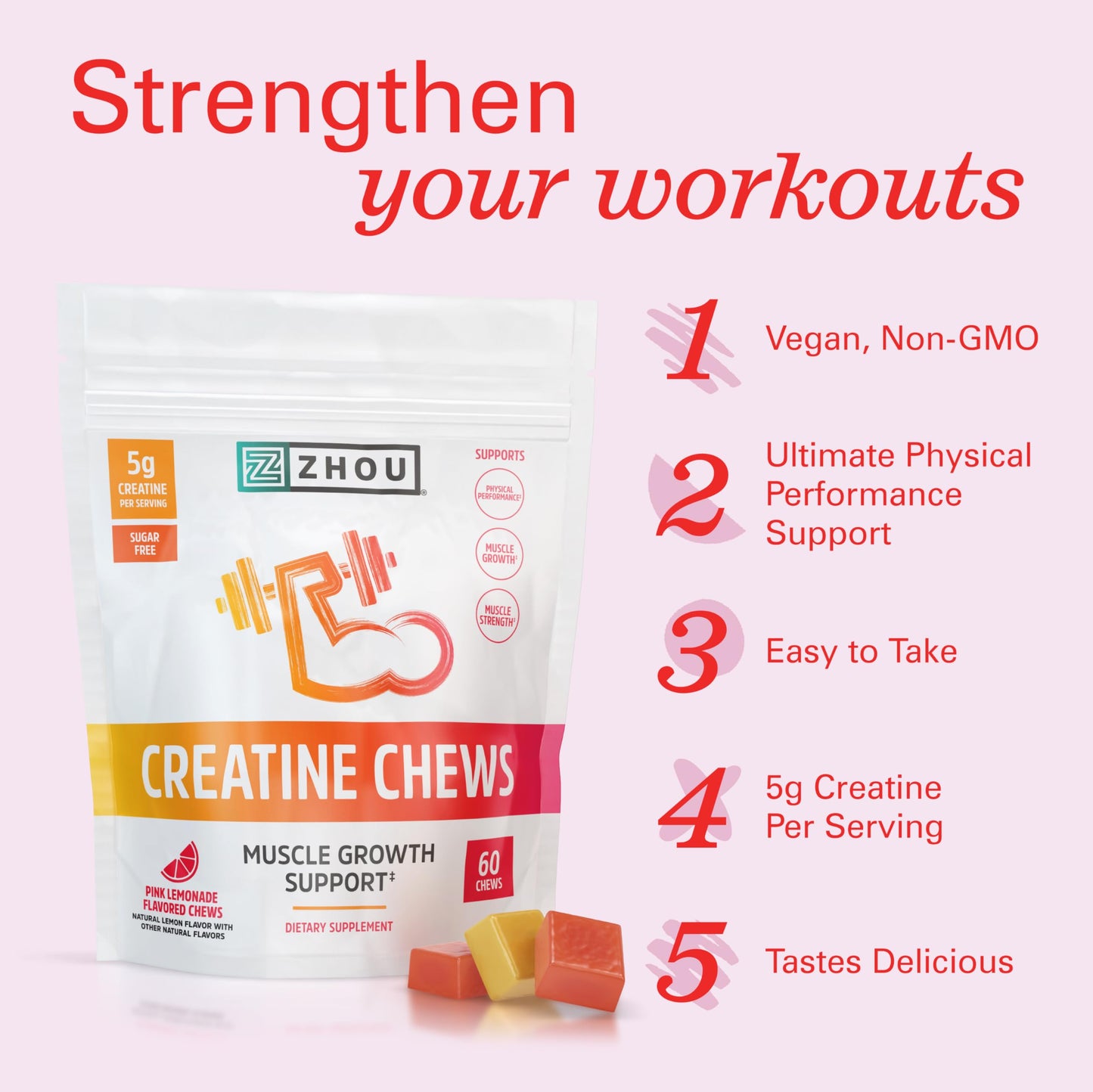 ZHOU Nutrition Creatine Monohydrate Chewables 5g – Pink Lemonade Gummies, 60 Count, Sugar Free