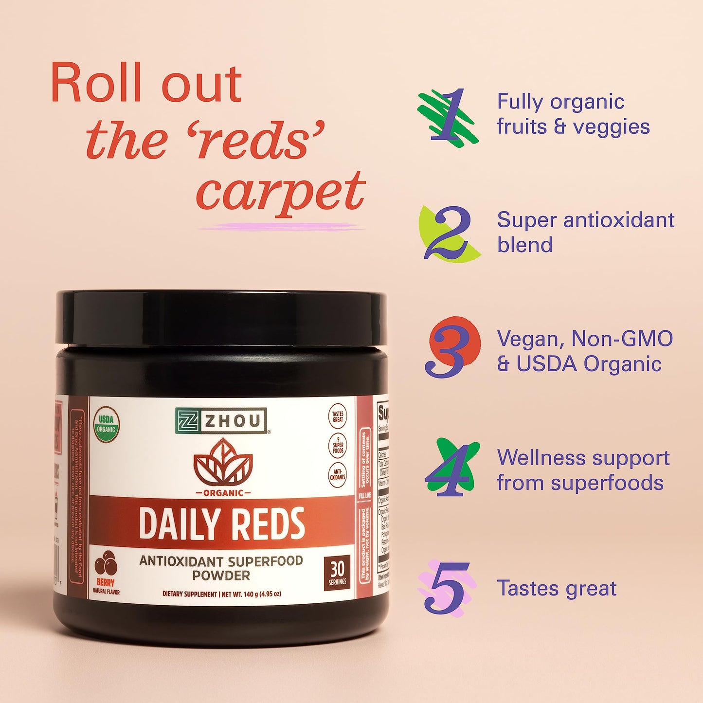 ZHOU Nutrition Superfruits Powder - USDA Organic Reds Antioxidant Superfood