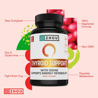 ZHOU Thyroid Support - Thyroid Supplement for Women & Men | Iodine, Selenium & Zinc | 120 Veggie Capsules