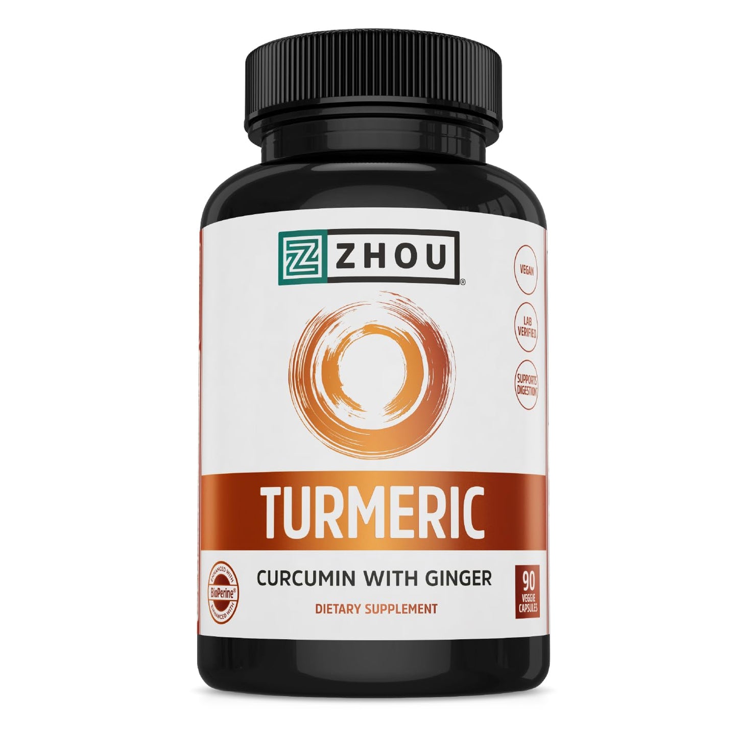 Zhou Turmeric Curcumin with Ginger – 90 Veggie Capsules | Digestive & Joint Support with BioPerine