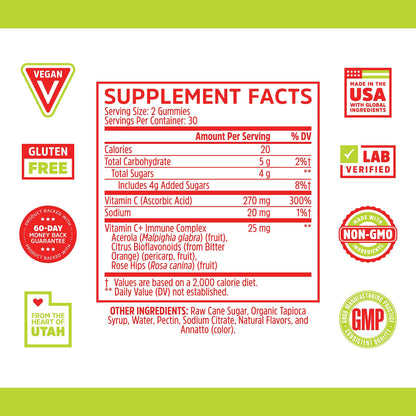 Zhou Vitamin C+ Gummies - Immune Support Vitamin C Gummies for Adults & Kids (270 mg per Gummy) - 60 Vegan Gummies