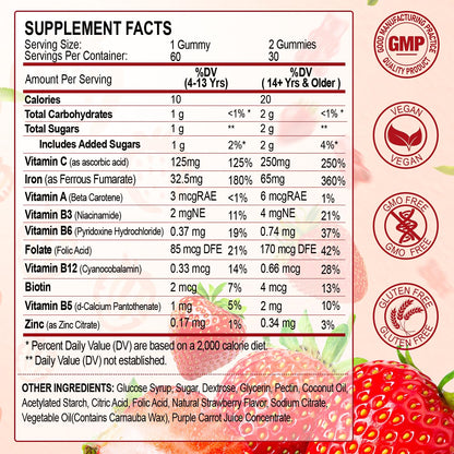 ZHPHK Iron Gummies – 65mg Iron, 250mg Vitamin C | 60 Vegan Gummies