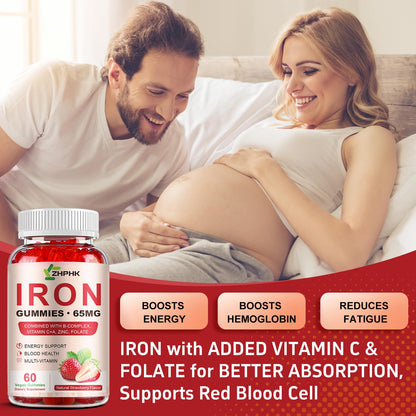ZHPHK Iron Gummies – 65mg Iron, 250mg Vitamin C | 60 Vegan Gummies