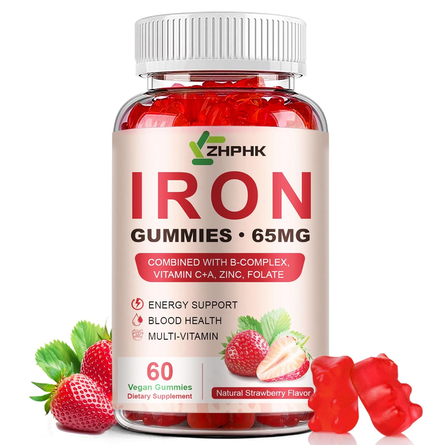 ZHPHK Iron Gummies – 65mg Iron, 250mg Vitamin C | 60 Vegan Gummies