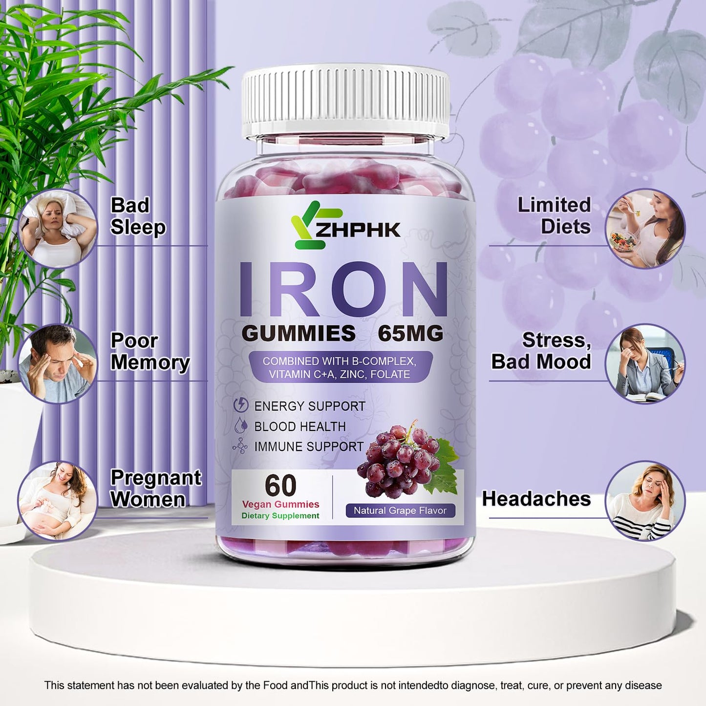 ZHPHK Iron Gummies for Women and Men – Grape Flavor, 65mg Iron + 250mg Vitamin C | 60 Count