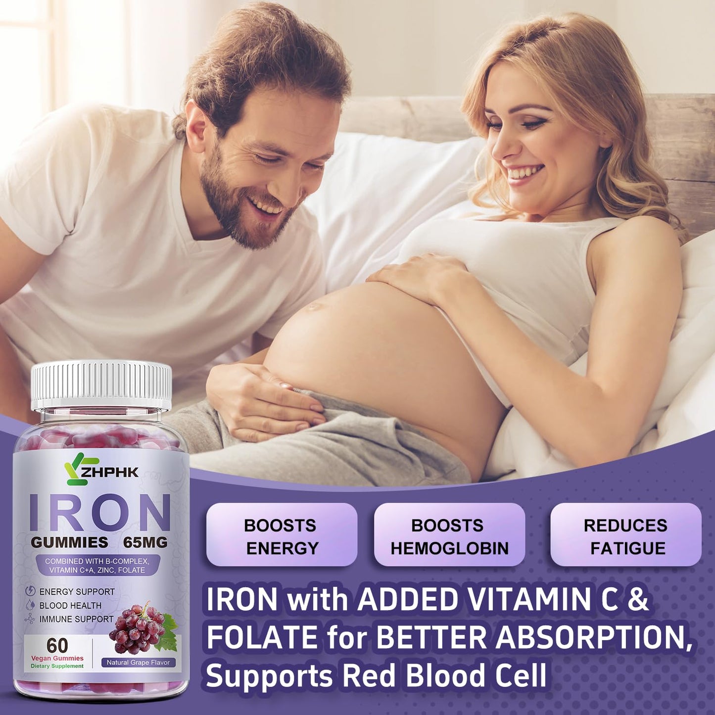ZHPHK Iron Gummies for Women and Men – Grape Flavor, 65mg Iron + 250mg Vitamin C | 60 Count