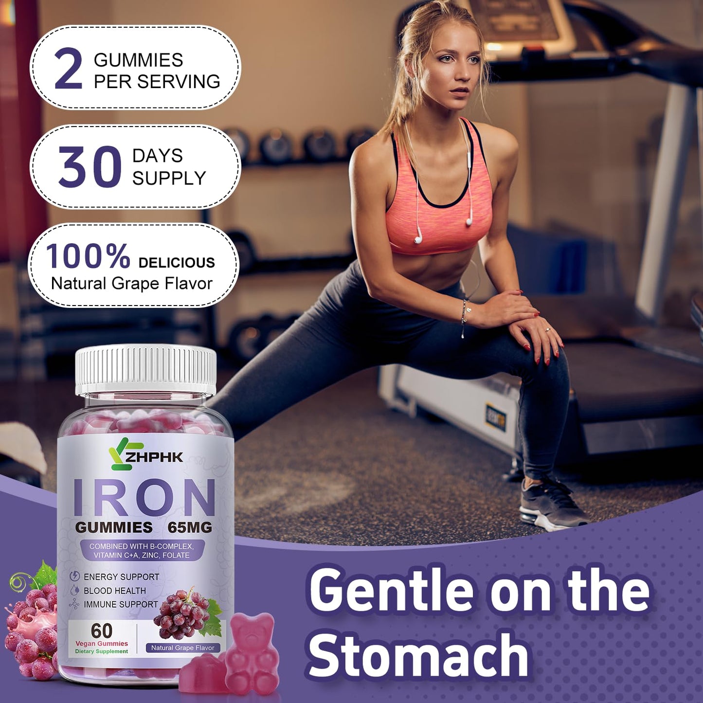 ZHPHK Iron Gummies for Women and Men – Grape Flavor, 65mg Iron + 250mg Vitamin C | 60 Count