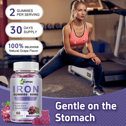 ZHPHK Iron Gummies for Women and Men – Grape Flavor, 65mg Iron + 250mg Vitamin C | 60 Count