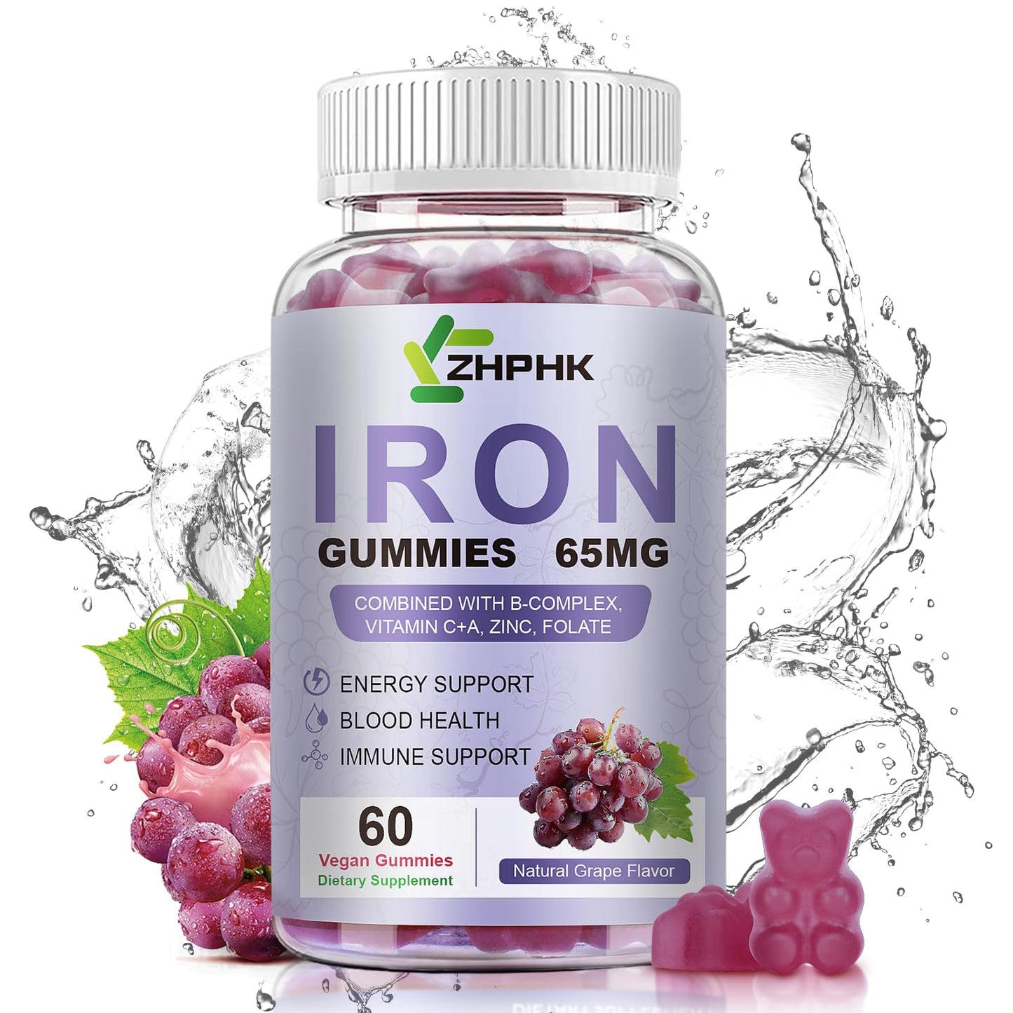ZHPHK Iron Gummies for Women and Men – Grape Flavor, 65mg Iron + 250mg Vitamin C | 60 Count