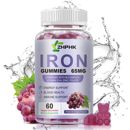 ZHPHK Iron Gummies for Women and Men – Grape Flavor, 65mg Iron + 250mg Vitamin C | 60 Count