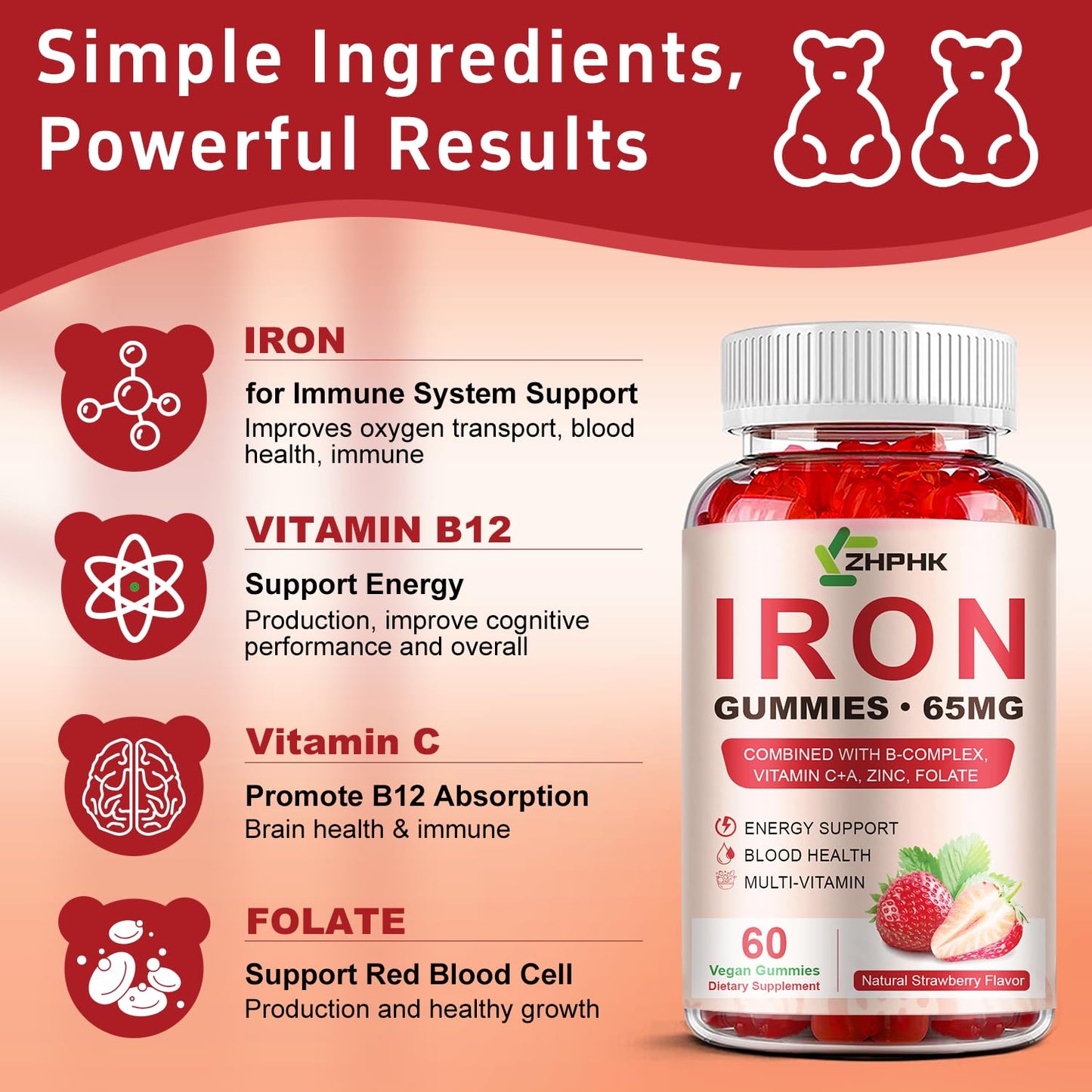 ZHPHK Iron Gummies – 65mg Iron, 250mg Vitamin C | 60 Vegan Gummies
