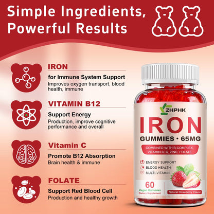 ZHPHK Iron Gummies – 65mg Iron, 250mg Vitamin C | 60 Vegan Gummies