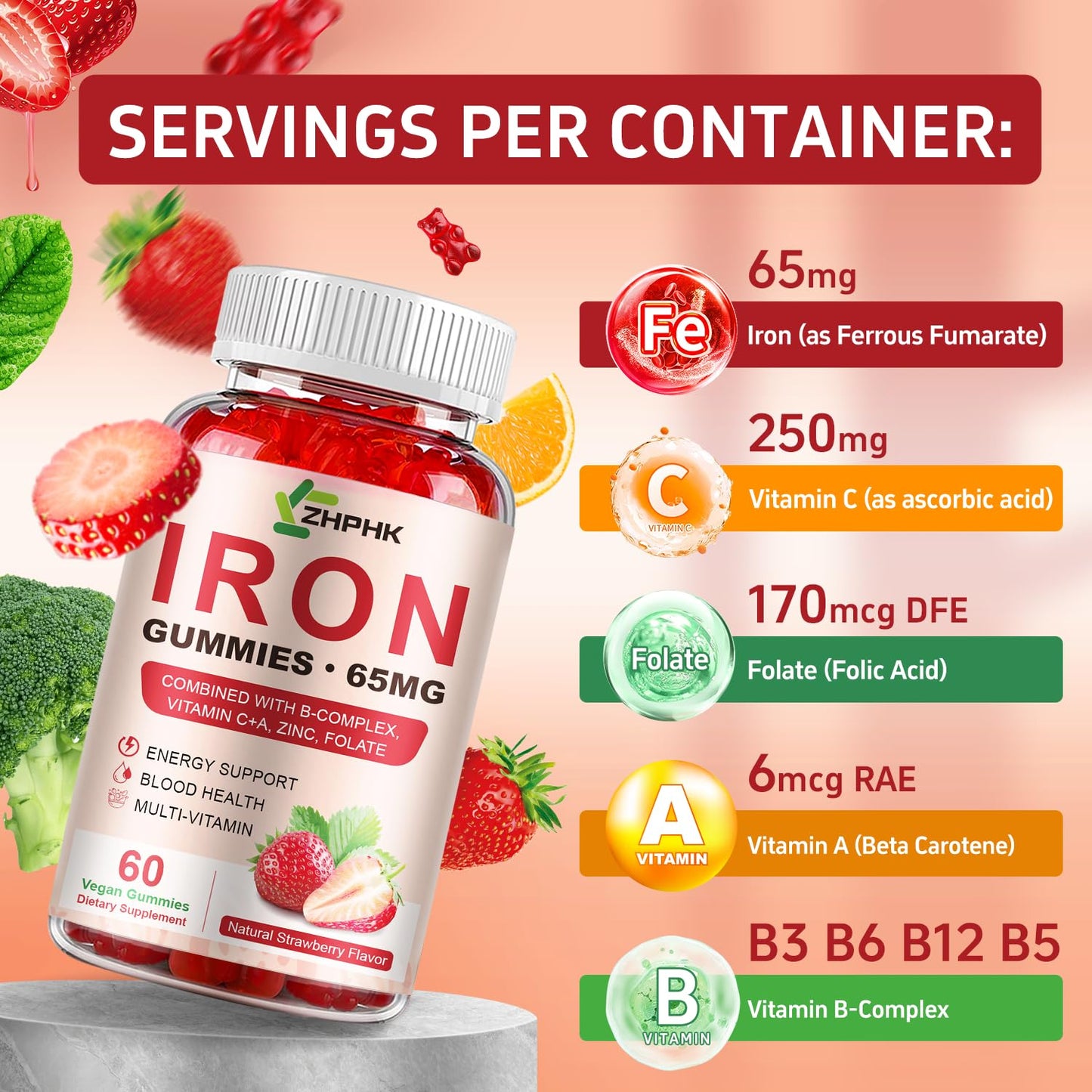 ZHPHK Iron Gummies – 65mg Iron, 250mg Vitamin C | 60 Vegan Gummies