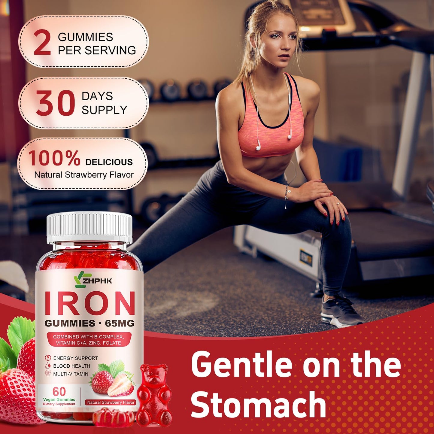 ZHPHK Iron Gummies – 65mg Iron, 250mg Vitamin C | 60 Vegan Gummies