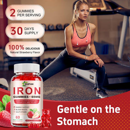 ZHPHK Iron Gummies – 65mg Iron, 250mg Vitamin C | 60 Vegan Gummies