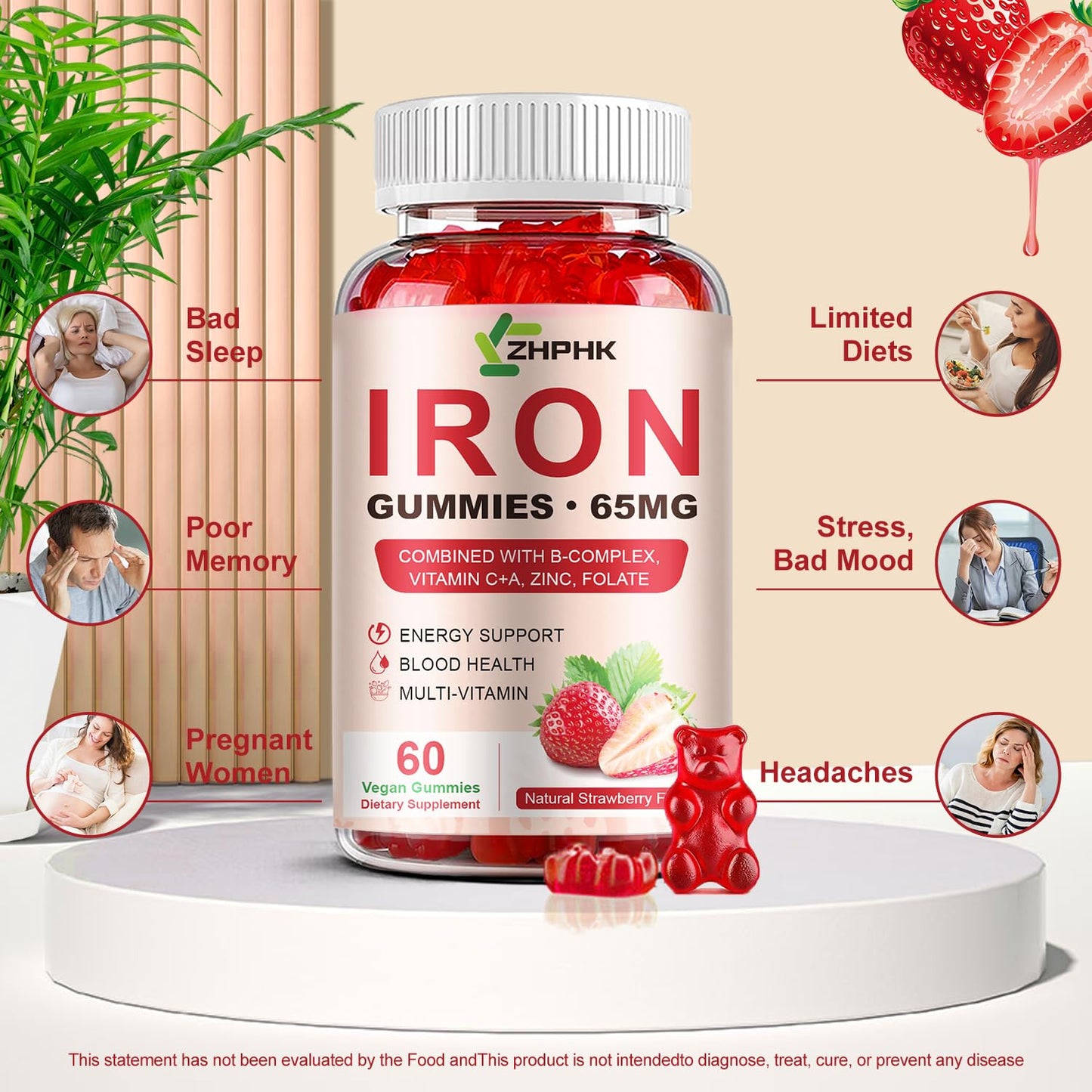 ZHPHK Iron Gummies – 65mg Iron, 250mg Vitamin C | 60 Vegan Gummies