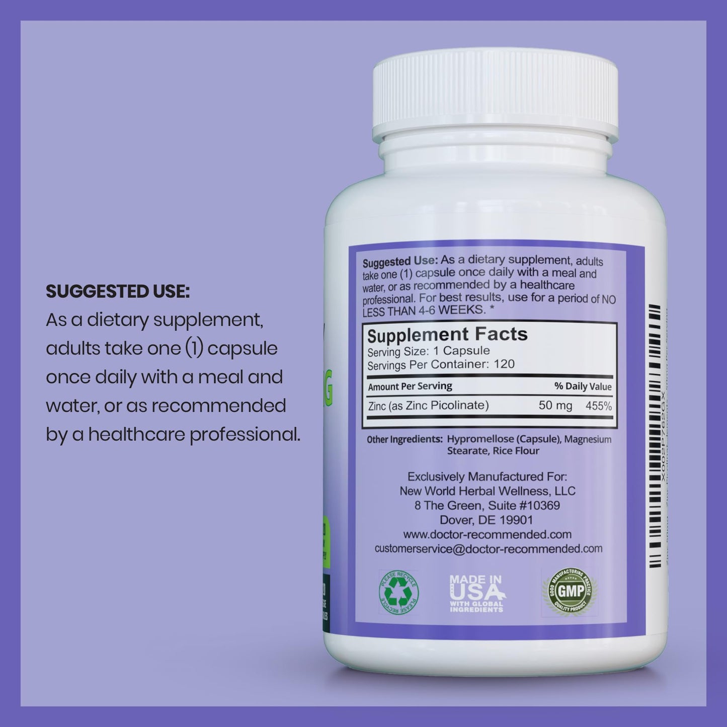 Zinc 50mg Picolinate – Immune Support | 120 Veggie Capsules | High Potency Zinc