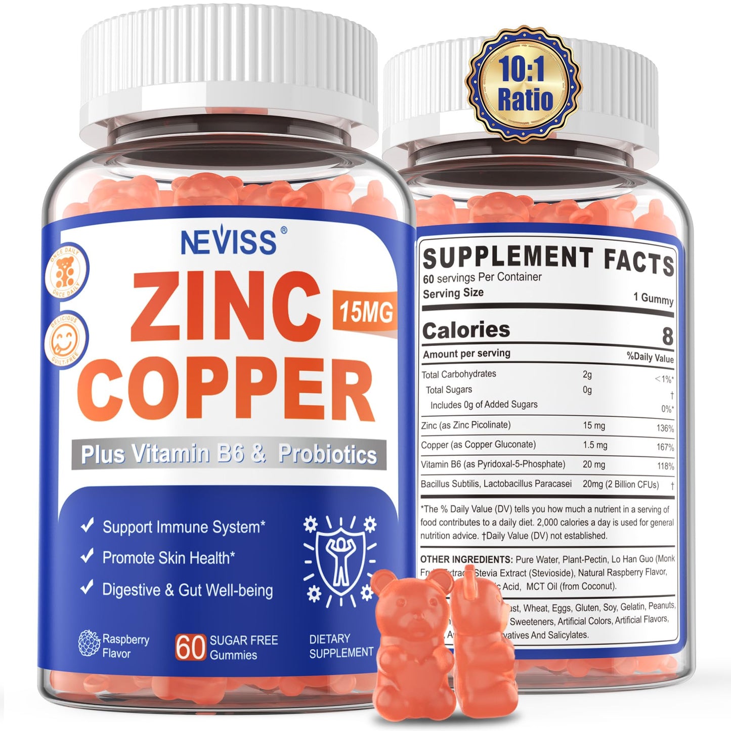 Zinc Gummies with Copper + Probiotics – Immune & Gut Health, Vegan, Non-GMO (120 Cts)